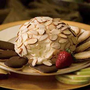 Sweet Dessert Cheeseball  on platter with fruit and cookies made with Wind & Willow mix